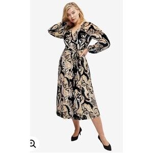Ellos Dress 14/16 Midi Surplice Top Stretch Floral Black Tan Career